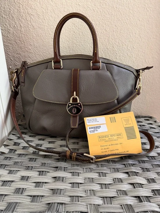 Dooney & Bourke Gray Pebbled Leather Satchel with Brown Trim - Picture 1 of 16